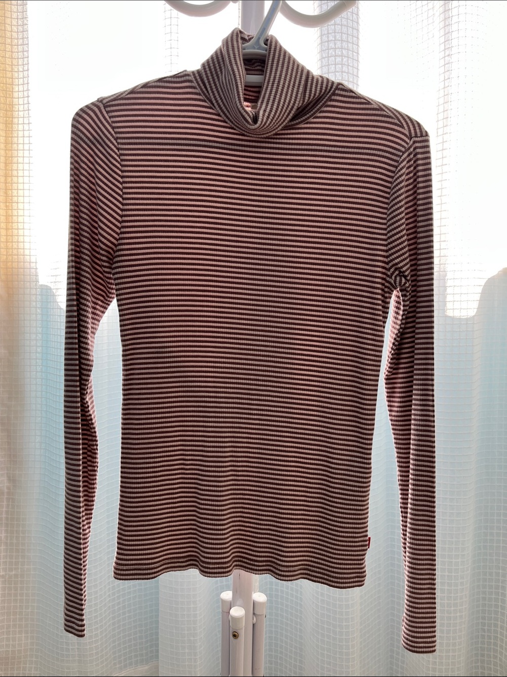 Levi’s Striped Long-Sleeve Turtleneck Top in Brown and Cream